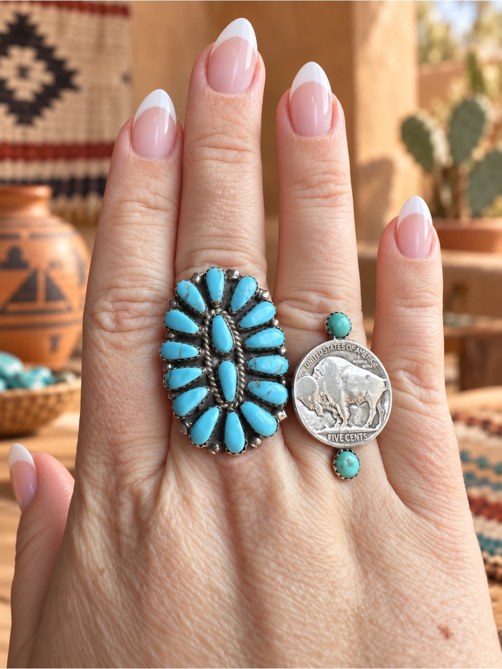 Sold on FB! Size 10 Native Made Turquoise Cluster Ring - Sterling silver 🩵🦋 - Picture 2 of 3